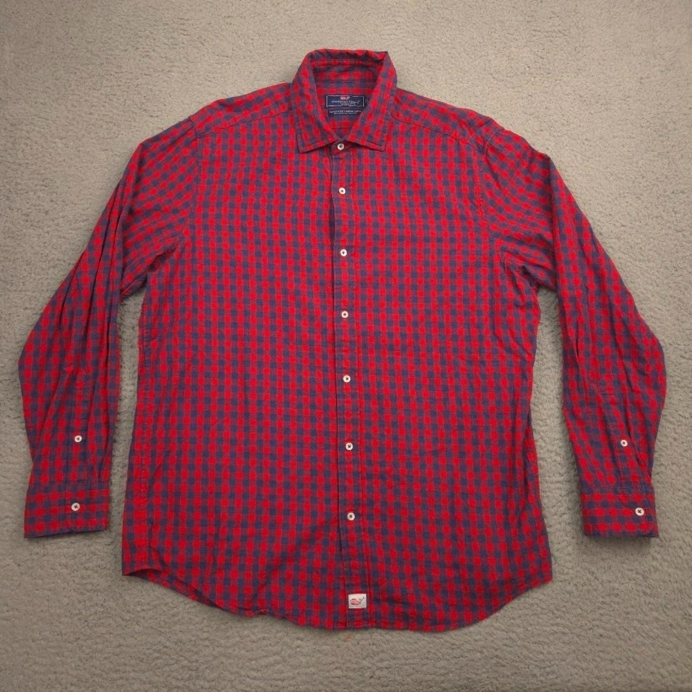 Vineyard Vines Cooper Shirt Mens L Red Navy Check Cotton Cashmere Button Up